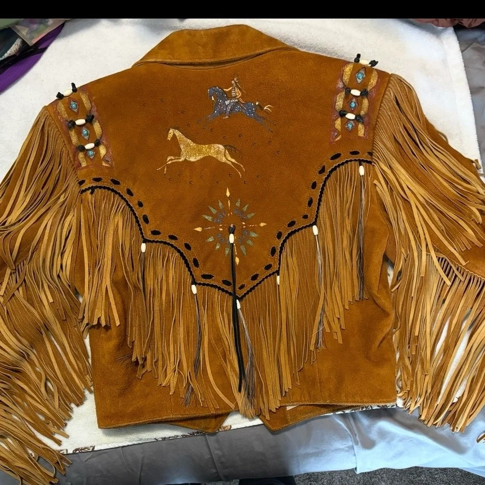 Rare Patricia Wolf Hand Painted Suede Fringe Jacket Western Made in Texas Small - Picture 5 of 10